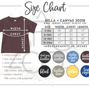 Op de afbeelding: Maattabel voor de Bella + Canvas 3001B baby jersey short sleeve tee. De tabel toont de afmetingen in inches voor breedte, borst en lengte voor de maten 3-6 maanden, 6-12 maanden, 12-18 maanden en 18-24 maanden. De tabel bevat ook een kleurguide met swatches voor donkergrijs heather, athletic heather, heather columbia blauw, heather maroon, zwart, heather stone, geel en true royal.