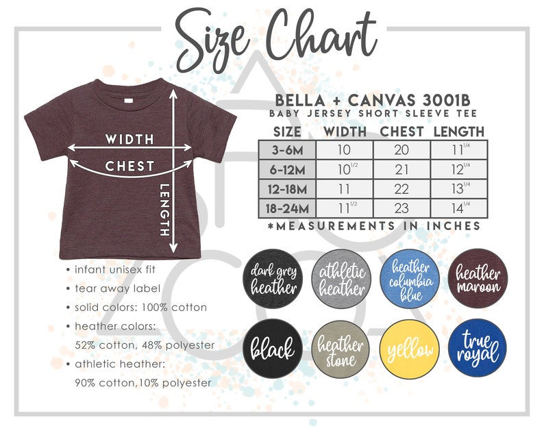 Op de afbeelding: Maattabel voor de Bella + Canvas 3001B baby jersey short sleeve tee. De tabel toont de afmetingen in inches voor breedte, borst en lengte voor de maten 3-6 maanden, 6-12 maanden, 12-18 maanden en 18-24 maanden. De tabel bevat ook een kleurguide met swatches voor donkergrijs heather, athletic heather, heather columbia blauw, heather maroon, zwart, heather stone, geel en true royal.