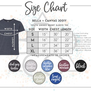 Op de afbeelding: Maattabel voor unisex korte mouw t-shirts voor kinderen in de maten S, M, L en XL. De maten zijn in inches voor breedte, borst en lengte. De tabel bevat informatie over de stofsamenstelling en het gewicht voor verschillende kleuren, waaronder effen kleuren, triblend kleuren, heather kleuren en neon kleuren. De kleuren omvatten donkergrijs heather, atletisch heather, heather columbia blauw, heather maroon, zwart, heather stone en true royal.