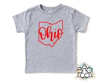 May include: A gray short-sleeved t-shirt featuring a red outline of the state of Ohio with the word "Ohio" in a cursive font inside the outline. The shirt is on a white background.