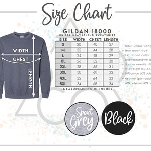 Może przedstawiać: Tabela rozmiar&oacute;w dla bluzy unisex Gildan 18000. Tabela pokazuje wymiary w calach dla rozmiar&oacute;w od S do 5XL, w tym szerokość, klatkę piersiową i długość. Dodatkowe szczeg&oacute;ły obejmują rozmiary unisex dla dorosłych, odrywaną metkę i kołnierz 1x1.