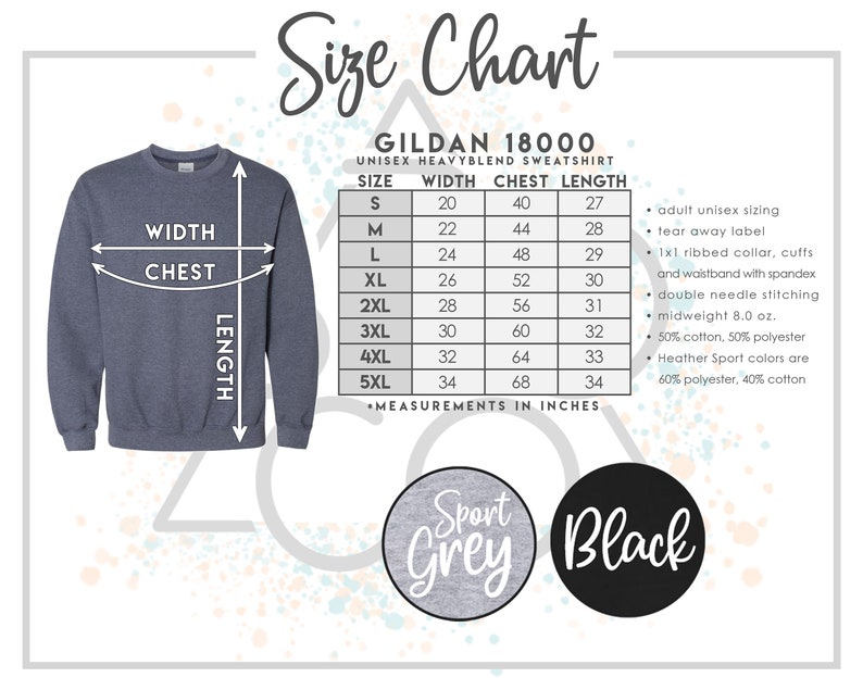 Może przedstawiać: Tabela rozmiar&oacute;w dla bluzy unisex Gildan 18000. Tabela pokazuje wymiary w calach dla rozmiar&oacute;w od S do 5XL, w tym szerokość, klatkę piersiową i długość. Dodatkowe szczeg&oacute;ły obejmują rozmiary unisex dla dorosłych, odrywaną metkę i kołnierz 1x1.