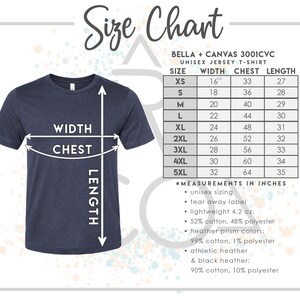 May include: A navy blue unisex jersey t-shirt with a size chart. The chart lists measurements in inches for width, chest, and length, ranging from XS to 5XL. The shirt is lightweight at 4.2 oz and made of a cotton and polyester blend.
