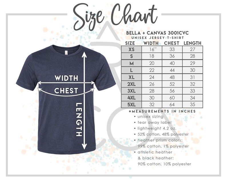 May include: A navy blue unisex jersey t-shirt with a size chart. The chart lists measurements in inches for width, chest, and length, ranging from XS to 5XL. The shirt is lightweight at 4.2 oz and made of a cotton and polyester blend.