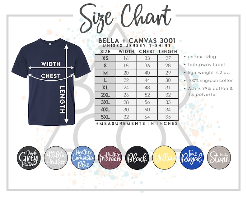 Op de afbeelding: Maattabel voor het Bella + Canvas 3001 unisex jersey T-shirt. De tabel toont de afmetingen in inches voor breedte, borst en lengte voor maten XS tot 5XL. De tabel bevat ook informatie over de stofsamenstelling en kenmerken, zoals het afscheurbare label en de lichte stof.
