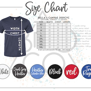 Op de afbeelding: Een marineblauw unisex T-shirt met een maattabel. De tabel geeft de afmetingen in inches voor breedte, borst en lengte, vari&euml;rend van XS tot 5XL. Kleuropties zijn wit, donkergrijze heather, heather columbia blauw, zwart, rood en true royal.