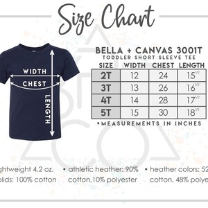 May include: Navy blue toddler short sleeve tee with a size chart. The chart shows measurements in inches for sizes 2T to 5T, including width, chest, and length. The shirt is lightweight, made of cotton and polyester.