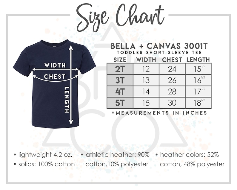 May include: Navy blue toddler short sleeve tee with a size chart. The chart shows measurements in inches for sizes 2T to 5T, including width, chest, and length. The shirt is lightweight, made of cotton and polyester.