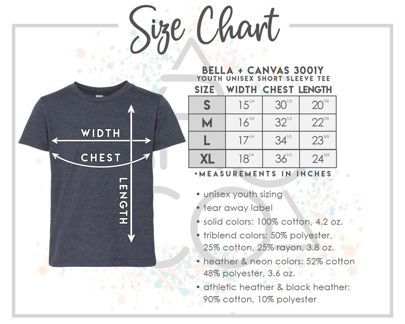 May include: A navy blue youth unisex short sleeve t-shirt with a size chart. The chart lists measurements in inches for width, chest, and length for sizes S, M, L, and XL. The chart also lists fabric details.