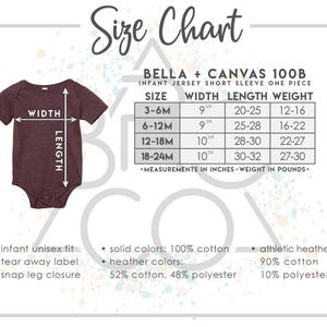 May include: A burgundy infant short sleeve one-piece with a size chart. The chart lists sizes 3-6M, 6-12M, 12-18M, and 18-24M, with measurements in inches and weight in pounds. Features include infant unisex fit, tear away label, and snap leg closure.
