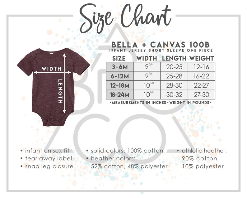May include: A burgundy infant short sleeve one-piece with a size chart. The chart lists sizes 3-6M, 6-12M, 12-18M, and 18-24M, with measurements in inches and weight in pounds. Features include infant unisex fit, tear away label, and snap leg closure.