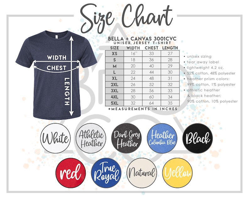 May include: Size chart for Bella + Canvas 3001CVC unisex jersey t-shirt. The chart shows measurements in inches for width, chest, and length for sizes XS to 5XL.  The chart also includes information about the fabric composition for different colours, including heather prism colours, athletic heather, and black heather.