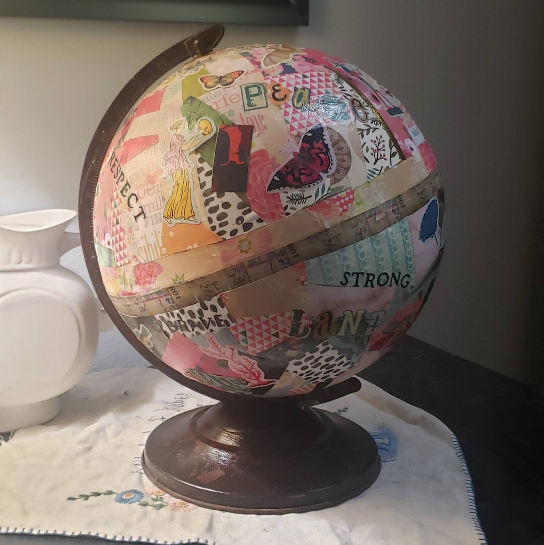 Upcycled Globe, Decoupaged Globe, Unique Globe, Repurposed Globe