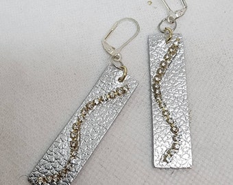Silver Leather Earrings, Leather Rectangular Earrings, Silver And Bling Earrings, Leather Jewelry, Unique Silver Jewelry, Leather Earrings