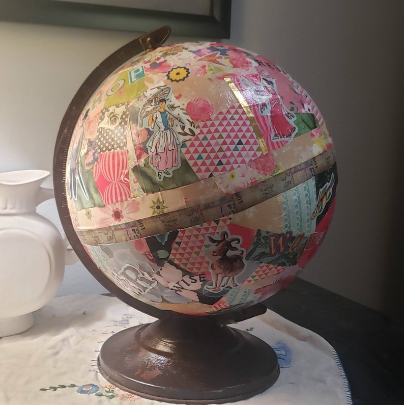 Upcycled Globe, Decoupaged Globe, Unique Globe, Repurposed Globe