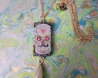 Sugar Skull Necklace, Domino Necklace, Sugar Skull Jewelry, Altered Domino Jewelry, Pearl Necklace,OOAK, Upcycled Jewelry, Womens Gift,