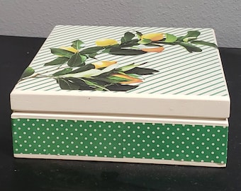 Wooden Keepsake Box, Upcycled Box, Jewelry Box, Letter Box, Remote Box, Recipe Box, OOAK Box, Altered Cigar Box, Lemon Decor Box, Lemon Gift