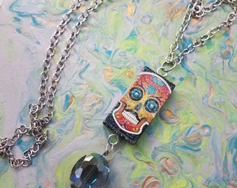 Sugar Skull Necklace, Domino Necklace, Altered Domino Necklace, Sugar Skull Jewelry, Sparkly Skull Necklace, Upcycled Necklace, Unique Gift