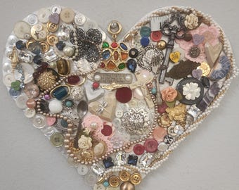 Upcycled Jewelry Heart, Collage Art,  Button Heart, Sewers Gift, Upcycled Collage Wall Art, OOAK Assemblage Heart, Womens Decor