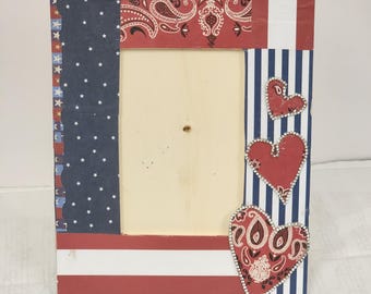 PATRIOTIC Picture Frame, Decoupage Frame, OOAK Picture Frame, Frame Without Glass, Wooden Frame, Unique Wooden Picture Frame, USA Frame
