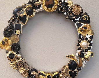 Jewelry Wreath, Vintage Jewelry Wreath, Upcycled Wreath,  Black and Gold Wreath, Elegant Wreath, Bridal Gift, Wedding Gift, OOAK Decor, OOAK