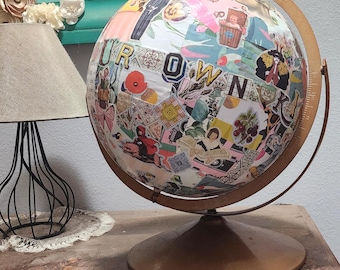 Globe Art, Repurposed World Globe, OOAK Upcycled Globe, Collage Art, Housewarming Gift, Unique Home Decor, Kindness Art, Statement Art