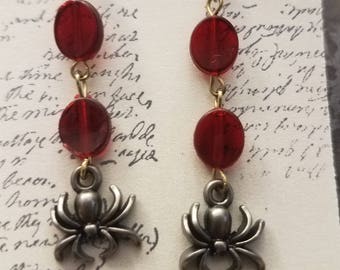 Spider Earrings, Halloween Earrings, Red Bead Earrings, Spider Jewelry, Casual Earrings, Upcycled Jewelry, Spider Gift, PewterTone Spiders