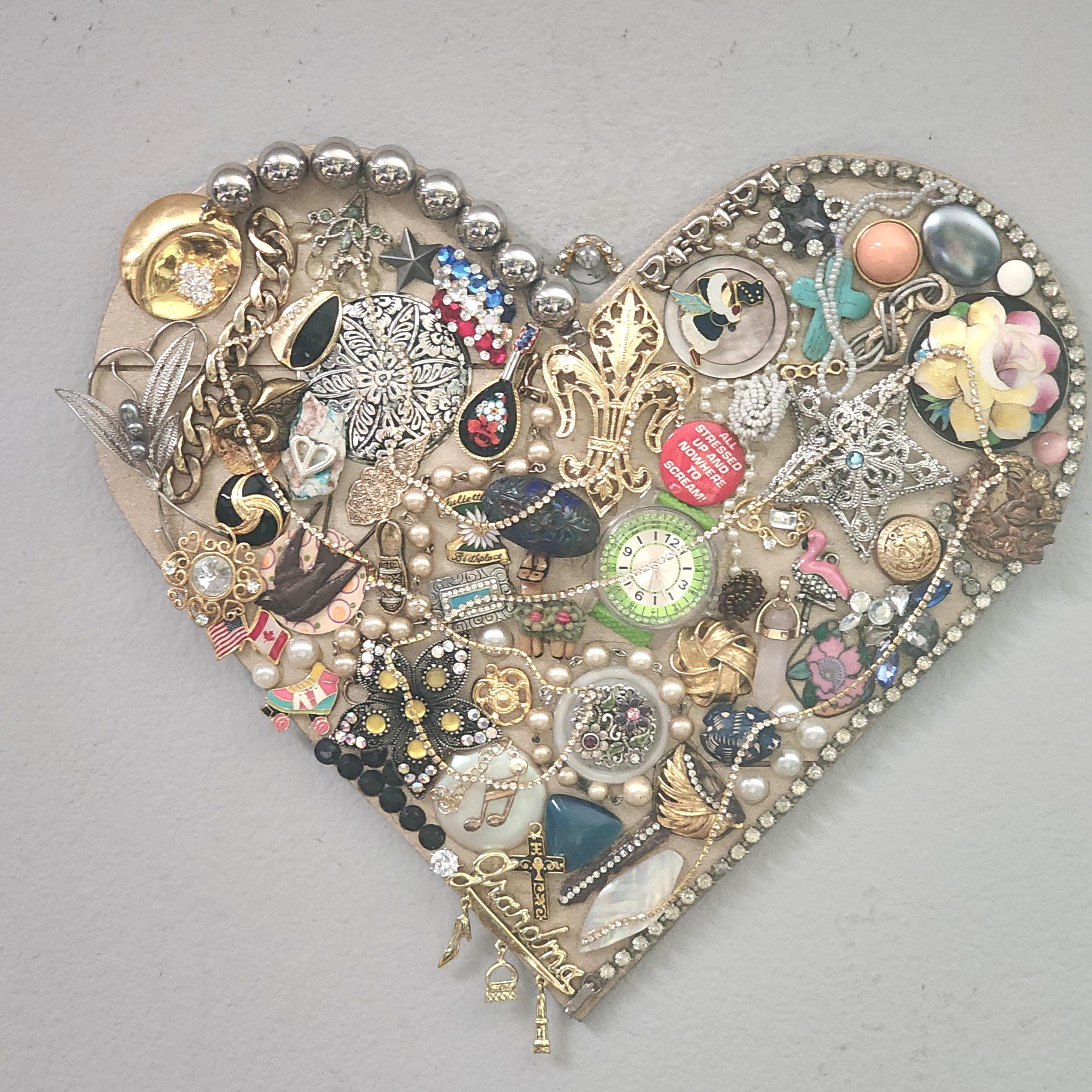 Upcycled Jeweled Heart, Vintage Jewelry Collage, Jewelry Assemblage Wall Hanging, OOAK Jewelry Collage, Unique Jewelry Collage