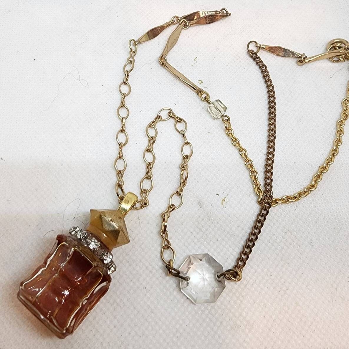 Vintage Perfume Oil Bottle Mosaic Inlay Gemstone Pendant Necklace