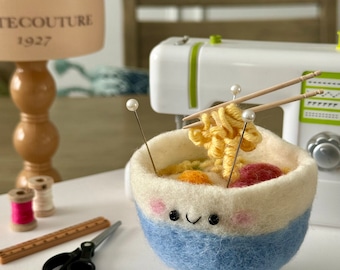 Mini blue instant noodle pincushion | desktop decor | Japan noodle | Cute photo stand | Needle felted craft | unique gift |Japan noodle Gift