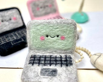 Home office decoration | Kawaii deco | mini Laptop computer | Felt decor | Felt Wool mouse | baby prop | office Deco |(Needle Felted)