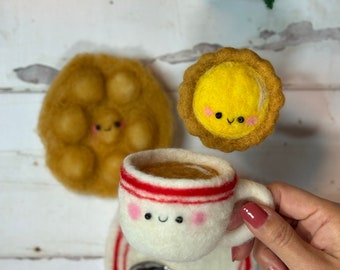 Egg bubble waffle | Hong Kong milk tea cup | handmade egg tart | fridge Magnet | Kitchen Deco | handmade Holiday Gift set  (Needle Felted)