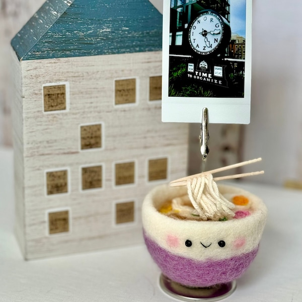 Mini Purple Ramen photo stand | Noodle gift | Handmade Japan Ramen | Cute photo stand | Needle felted craft | unique gift | Japan Ramen Gift