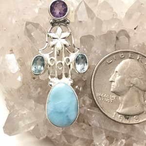 CLEARANCE Larimar, Amethyst, and Blue Topaz Hamsa Hand Pendant