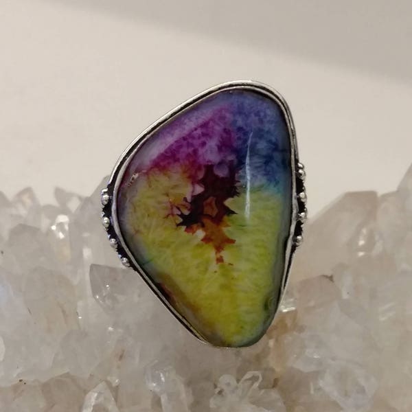 Rainbow Solar Quartz Party Ring Size 7