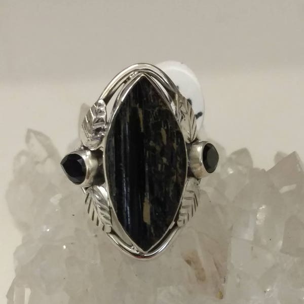 Rough Black Tourmaline and Black Onyx Ring, Size 6 1/2