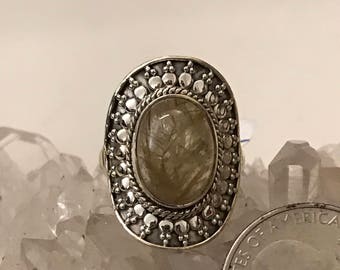 Golden Rutilated Quart and 925 Sterling Silver, Size 7 1/2