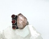 Rough Pink Morganite and Garnet Ring, Size 7