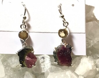 Rough Watermelon Tourmaline and Citrine Abstract Earrings