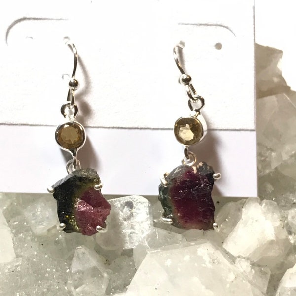 Rough Watermelon Tourmaline and Citrine Abstract Earrings