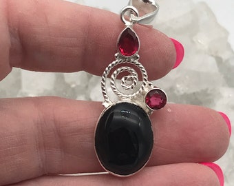 CLEARANCE Black Onyx and Red Crystal Pendant