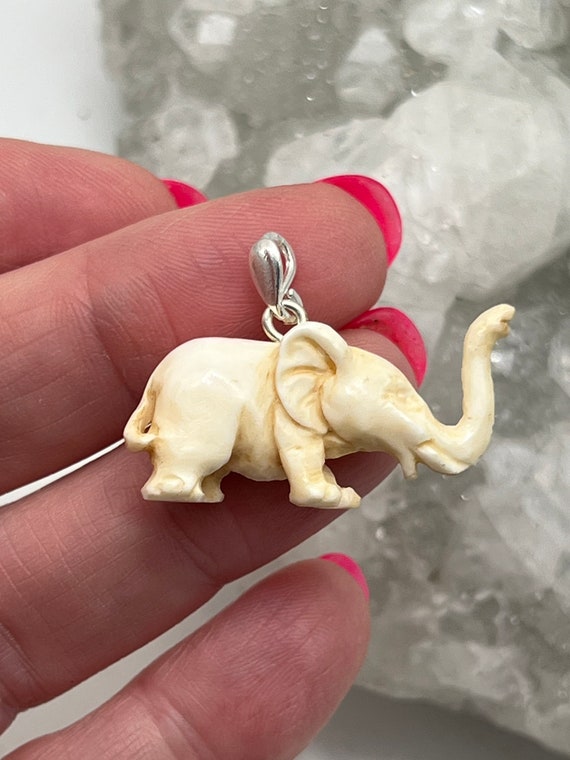 Petite Carved Bovine Bone Elephant Pendant - image 2