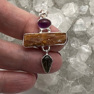 Orange Kyanite, Amethyst and Carved Green Tourmaline Pendant