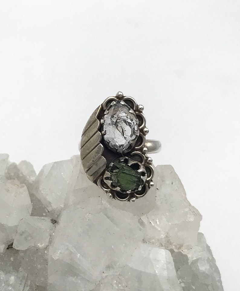 Natural Green Moldavite and Herkimer Diamond Ring Size 7