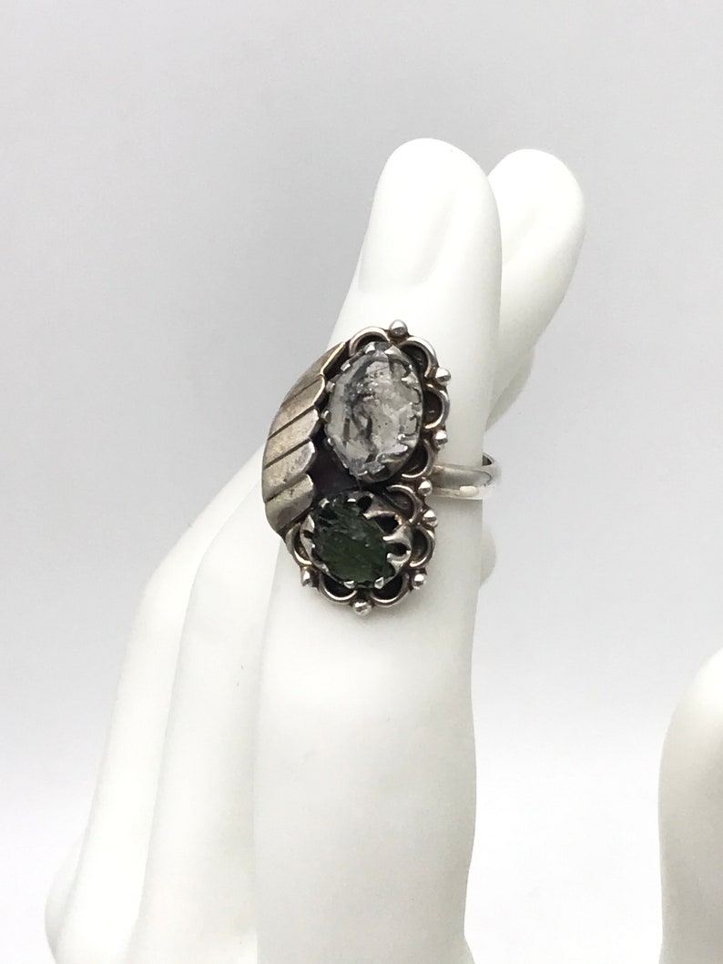 Natural Green Moldavite and Herkimer Diamond Ring Size 7