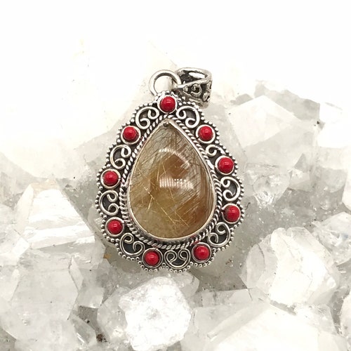 Rutilated Quartz and shops Red Coral Pendant