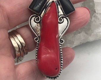 CLEARANCE Huge Red Coral and Black Onyx Pendant