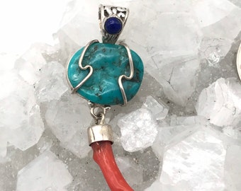 Turquoise, Coral and Lapis Pendant Necklace