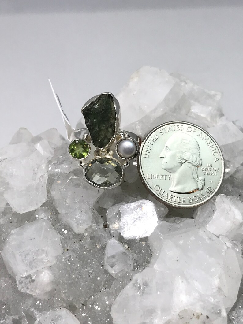 Green Amethyst Peridot Natural Green Moldavite and Pearl Ring Size 6 34