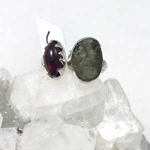 Natural Green Moldavite and Garnet Ring Size 6-Adjustable